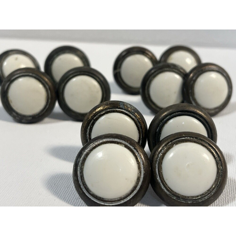 Set of 12 Vintage  Round Cabinet Knobs White and Metal Bronze Aged Finish